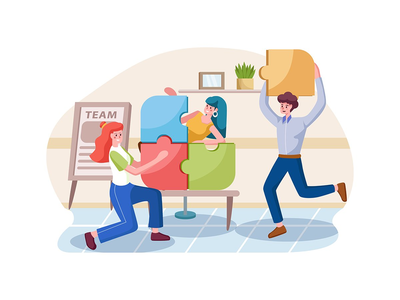 业务团队合作理念。人们连接拼图元素。(Business teamwork concept. People connecting puzzle elements.)