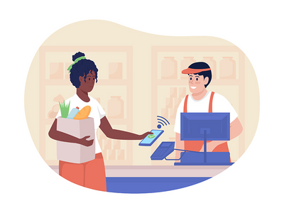 杂货的无现金支付 2D 矢量隔离插图(Cashless payment for groceries 2D vector isolated illustration)