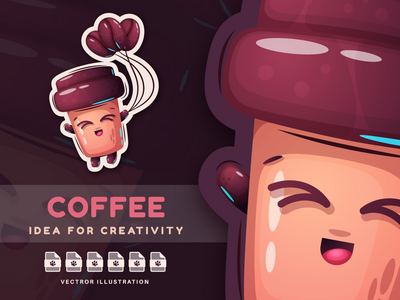 欢快的Сoffee 飞在球上 - 可爱的贴纸(Cheerful Сoffee Flies on Ball - Cute Sticker)
