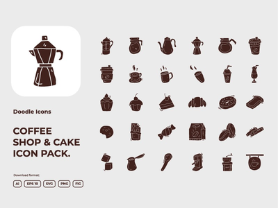 30 咖啡店和蛋糕概念涂鸦插图图标集(30 Coffee shop and cake concept doodle illustration icon set)