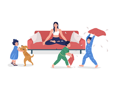 有孩子半平面彩色矢量字符的平静母亲(Calm mother with kids semi flat color vector characters)