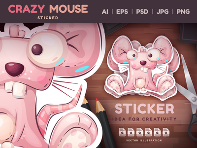 幼稚的卡通人物贴纸疯狂的老鼠(Childish Cartoon Character Sticker Crazy Mouse)