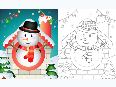 用帽子和围巾为可爱的雪人圣诞人物着色书(coloring book with a cute snowman christmas characters using hat and scarf)
