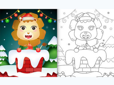 用圣诞帽和围巾在烟囱里为孩子们涂上可爱的狮子(coloring for kids with a cute lion using santa hat and scarf in chimney)