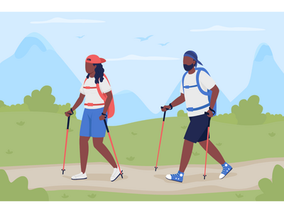 夫妇一起徒步旅行平面彩色矢量图(Couple trekking together flat color vector illustration)