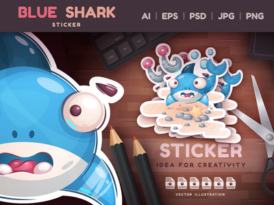 幼稚的卡通人物贴纸鱼鲨鱼(Childish Cartoon Character Sticker Fish Shark)