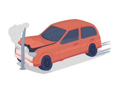 汽车正面碰撞杆半平面彩色矢量对象(Car frontal collision against pole semi flat color vector object)