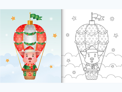 用热气球上可爱的猪圣诞人物着色书(coloring book with a cute pig christmas characters on hot air balloon)