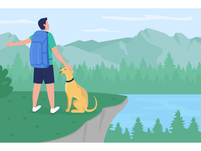 带狗平面彩色矢量图解的背包客(Backpacker with dog flat color vector illustration)