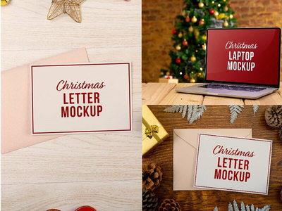 圣诞笔记本电脑和字母样机套装(Christmas Laptop & Letter Mockup Set)