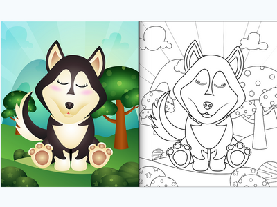 带有可爱哈士奇狗角色插图的儿童着色书(coloring book for kids with a cute husky dog character illustration)