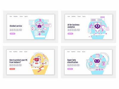 坏和好的机器人登陆页面平面轮廓矢量模板集(Bad and good bots landing page flat silhouette vector templates set)