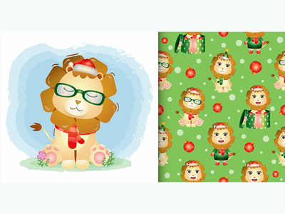 可爱的狮子圣诞人物系列，无缝图案(a cute lion christmas characters collection, seamless pattern)
