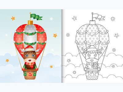 热气球上带有可爱水牛圣诞人物的着色书(coloring book with a cute buffalo christmas characters on hot air balloon)