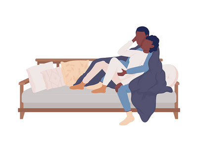 情侣拥抱沙发半平面彩色矢量字符(Couple cuddling on sofa semi flat color vector characters)