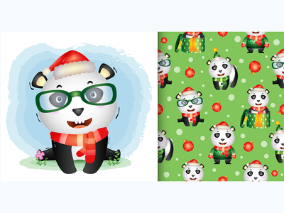 可爱的熊猫圣诞人物系列，无缝图案(a cute panda christmas characters collection, seamless pattern)