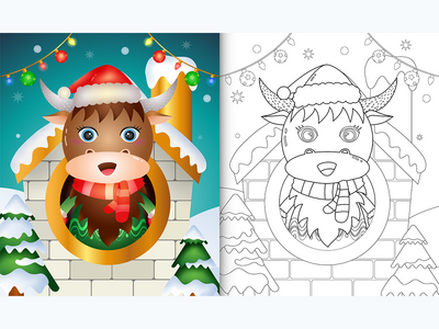 带有可爱水牛圣诞人物的图画书(coloring book with a cute buffalo christmas characters)