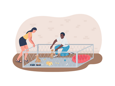 在动物收容所中选择小狗 2D 矢量网页横幅、海报(Choose puppy in animal shelter 2D vector web banner, poster)