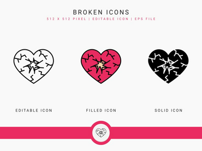 破碎的图标设置矢量图和实线图标线条样式(Broken icons set vector illustration with solid icon line style)