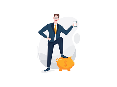 商人手里拿着电话，把一条腿放在存钱罐上(Businessman holding phone in hand and putting a leg on the piggy bank)