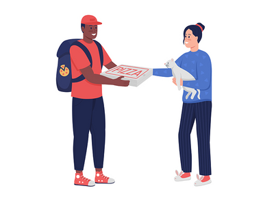 送披萨给女性半平面彩色矢量字符的快递员(Courier giving pizza to woman semi flat color vector characters)