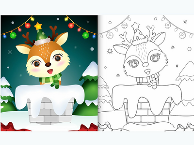 用圣诞老人的帽子和围巾为孩子们涂上可爱的鹿(coloring for kids with a cute deer using santa hat and scarf)