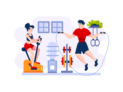 一个女人在健身车上骑自行车，一个男人在跳绳(A woman is cycling on exercise-bike and a man is jumping rope)