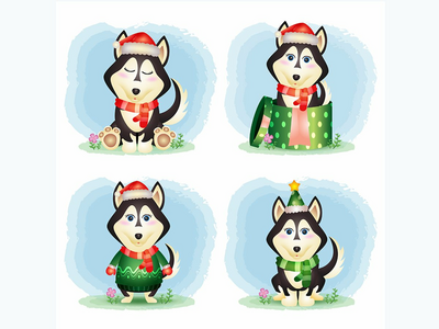 一只可爱的哈士奇狗圣诞人物收藏(a cute husky dog christmas characters collection)