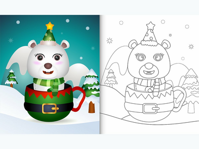 精灵杯中带有可爱北极熊圣诞人物的着色书(coloring book with a cute polar bear christmas characters  in the elf cup)