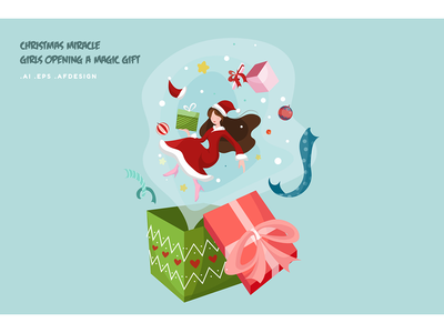 圣诞奇迹女孩打开魔法礼物矢量图(Christmas Miracle girl opening a magic gift Vector Illustration)