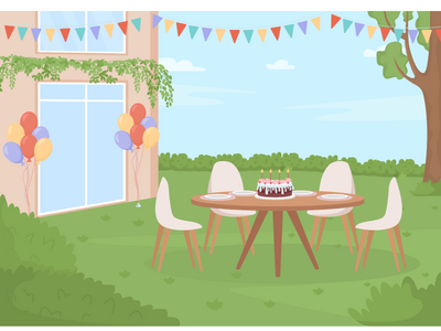 后院生日派对平面彩色矢量图(Backyard birthday party flat color vector illustration)