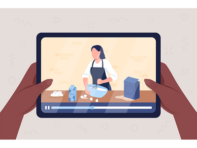 烹饪教程在线平面彩色矢量图(Cooking tutorial online flat color vector illustration)