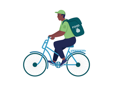 快递骑自行车半平面彩色矢量字符(Courier ride on bicycle semi flat color vector character)