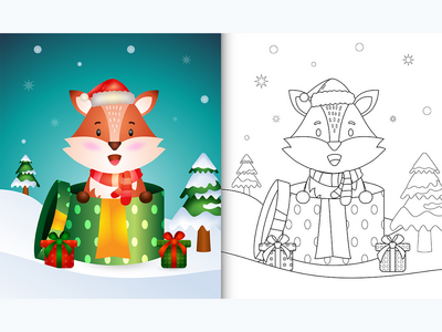 带有可爱的狐狸圣诞人物的着色书(coloring book with a cute fox christmas characters)