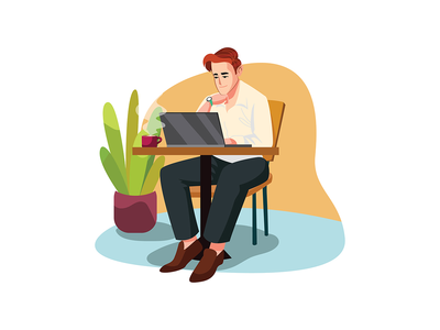 一个男人坐在咖啡馆里用笔记本电脑工作(A man sitting at a cafe working on a laptop)