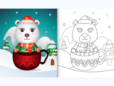 着色书，杯子里有可爱的北极熊圣诞人物(coloring book with a cute polar bear christmas characters  in the cup)
