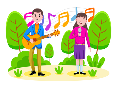 夫妇在公园唱歌和弹吉他(Couple singing and playing the guitar at the park)