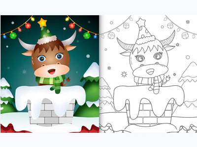 用帽子和围巾在烟囱里为可爱水牛的孩子涂色书(coloring book for kids with a cute buffalo using hat and scarf in chimney)