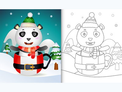 圣诞老人杯中带有可爱熊猫圣诞人物的着色书(coloring book with a cute panda christmas characters in the santa cup)
