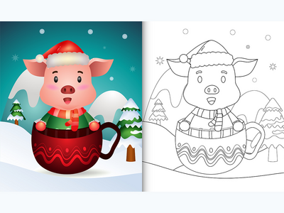着色书，杯子里有可爱的猪圣诞人物(coloring book with a cute pig christmas characters in the cup)