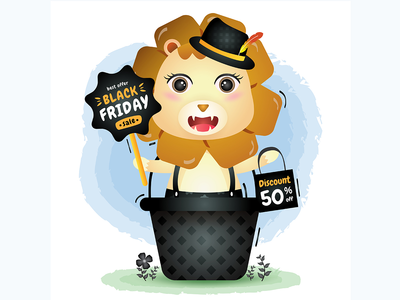 黑色星期五促销，篮子里放着一只可爱的狮子(Black friday sale with a cute lion in the basket)