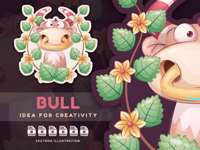 卡通人物公牛在森林里 - 贴纸(Cartoon Character Bull In Forest - Sticker)