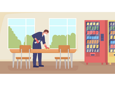 清洁食堂平面彩色矢量图(Cleaning cafeteria flat color vector illustration)