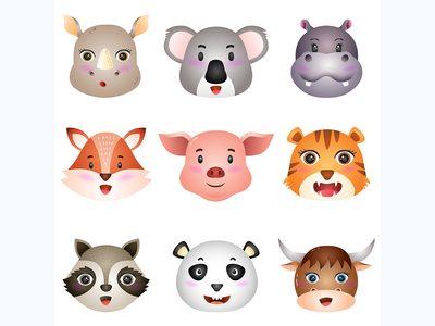动物头，犀牛，考拉，河马，狐狸，猪，老虎，浣熊，熊猫和水牛(animal heads, rhino, koala, hippo, fox, pig, tiger, raccoon, panda and buffalo)