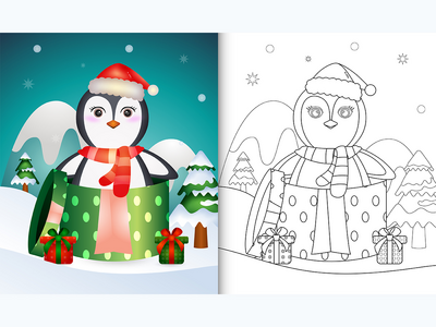 带有可爱企鹅圣诞节的图画书(coloring book with a cute penguin christmas)