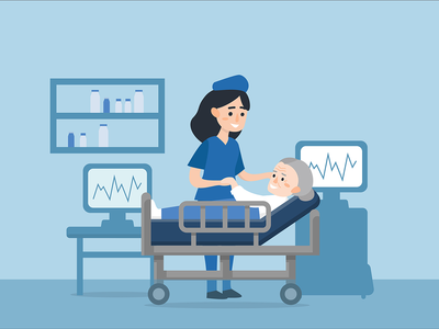 一名护士正在照顾一名躺在病床上的生病的老妇人。(A nurse taking care of a sick elderly woman lying in a medical bed.)