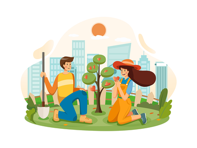 一对夫妇在花园里一起种植爱情树(A couple growing the tree of love together in the garden)