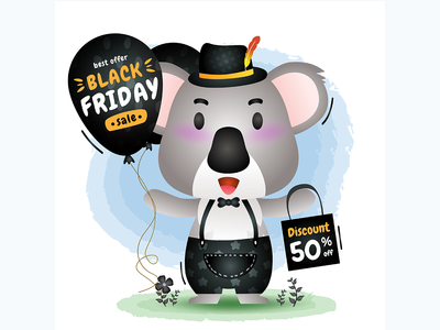 黑色星期五促销活动，可爱的考拉举行气球促销(Black friday sale with a cute koala hold balloon promotion)