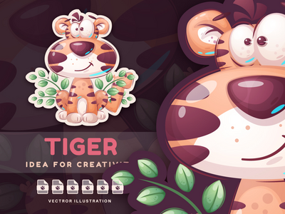 卡通人物动物泰迪老虎 - 贴纸(Cartoon Character Animal Teddy Tiger - Sticker)