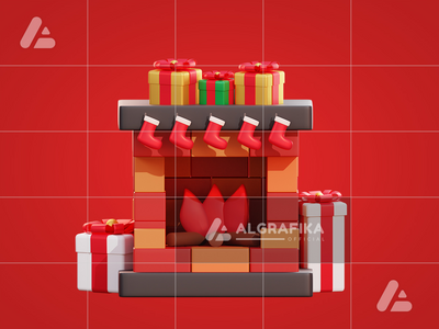 3d 圣诞礼物盒和壁炉(3d christmas giftbox and fireplace)